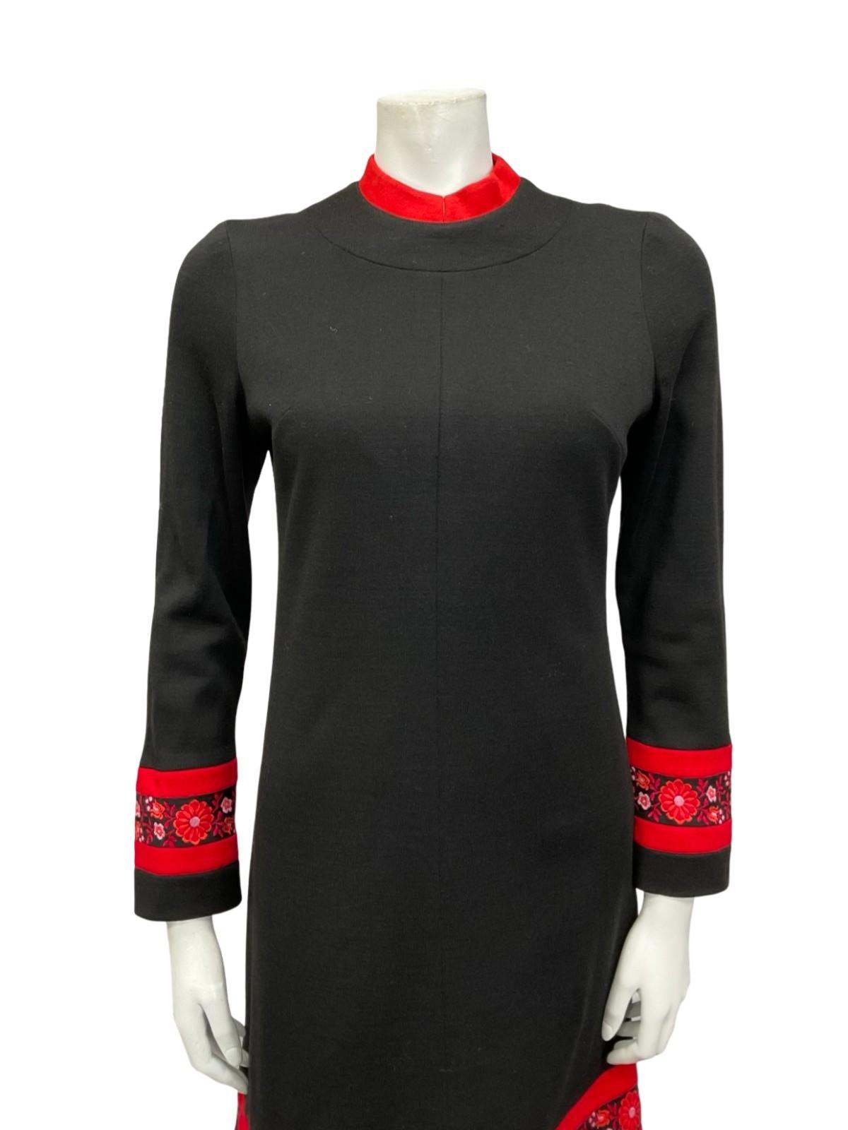 VTG 60S MOD FOLK BLACK RED FLORAL MANDARIN COLLAR SHIFT MIDI DRESS 10