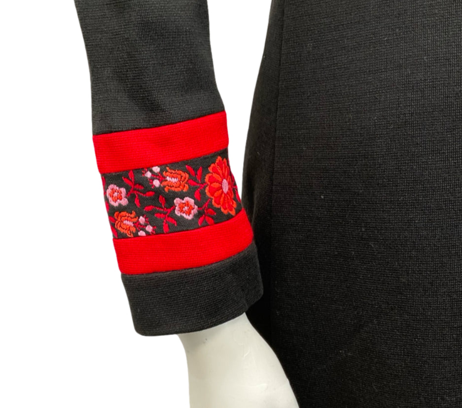 VTG 60S MOD FOLK BLACK RED FLORAL MANDARIN COLLAR SHIFT MIDI DRESS 10