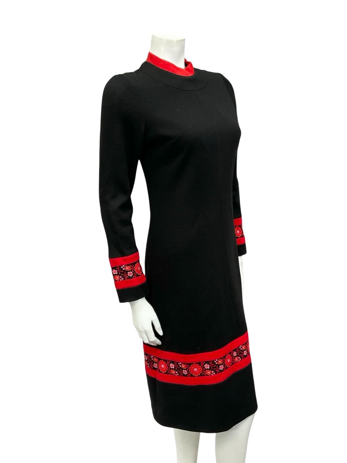 VTG 60S MOD FOLK BLACK RED FLORAL MANDARIN COLLAR SHIFT MIDI DRESS 10