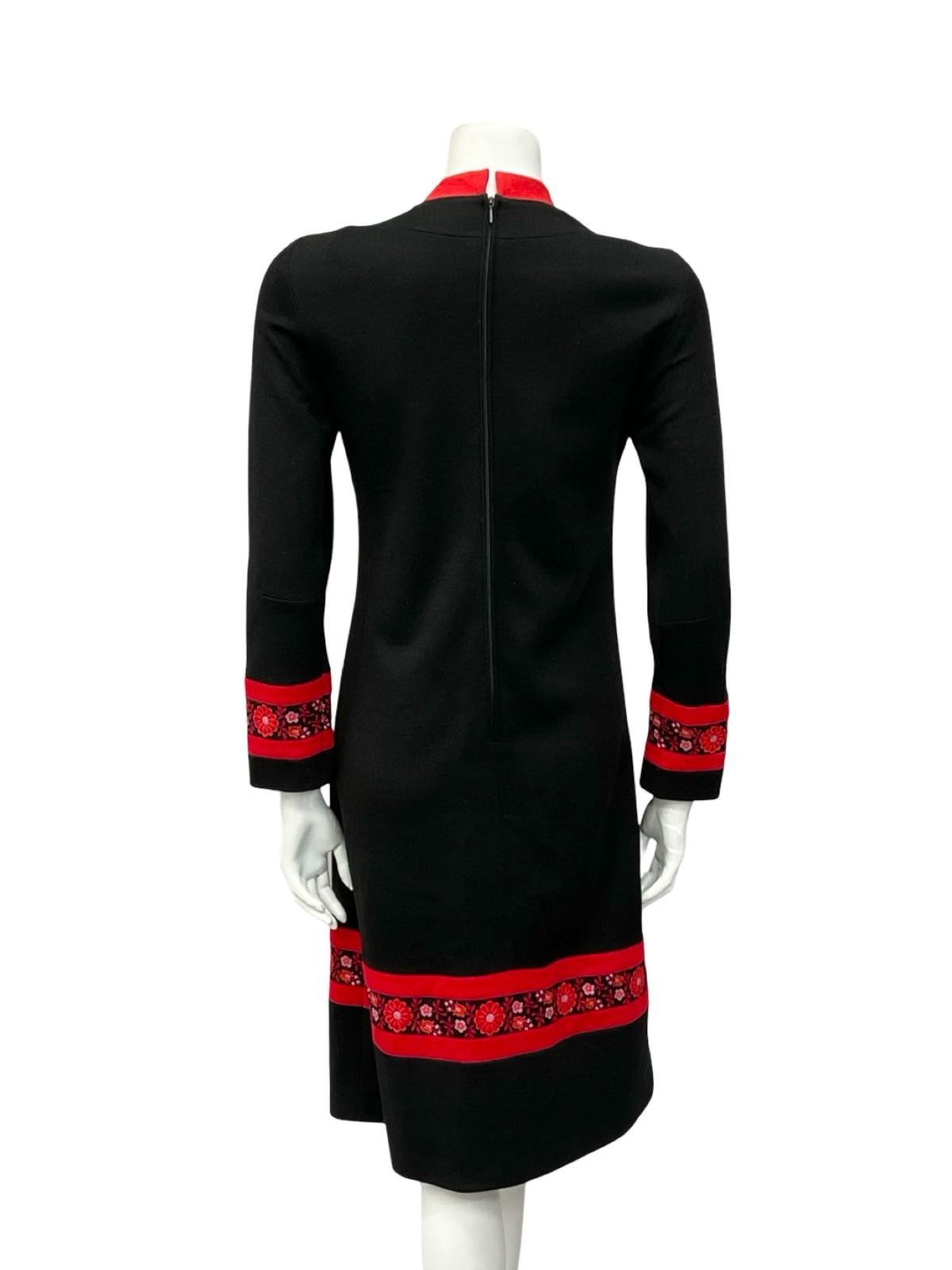 VTG 60S MOD FOLK BLACK RED FLORAL MANDARIN COLLAR SHIFT MIDI DRESS 10