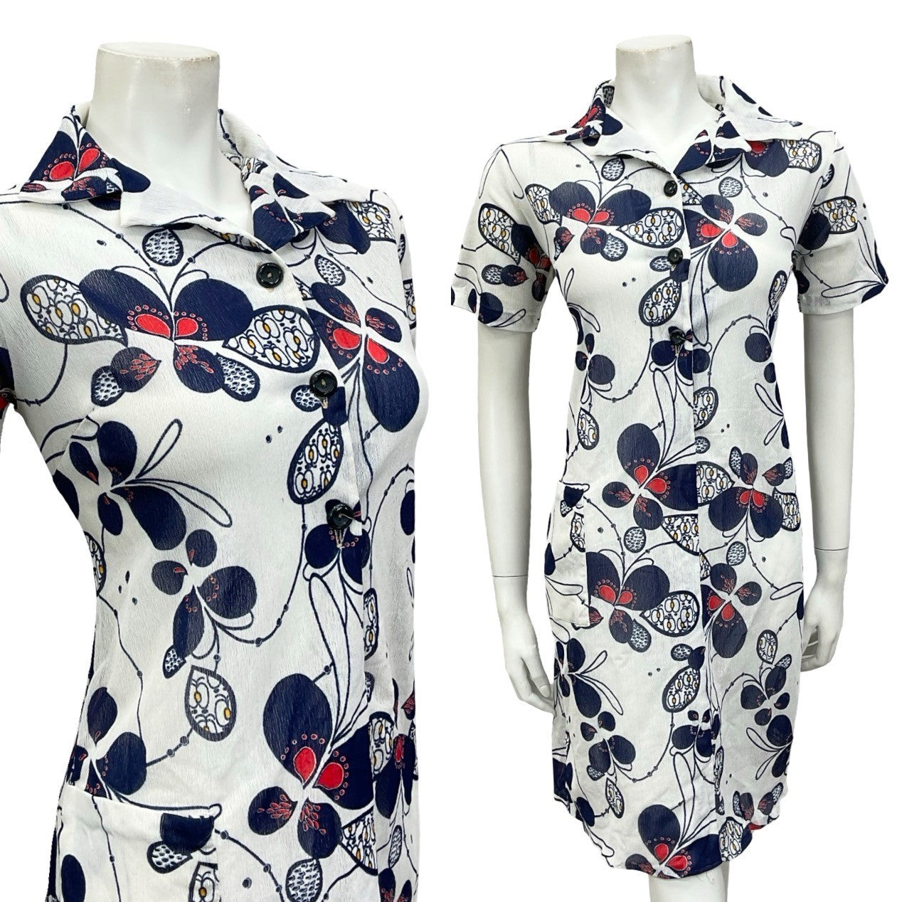 VTG 60S JAPANESE WHITE RED NAVY BLUE PSYCHEDELIC SHIRT SHIFT DRESS 12