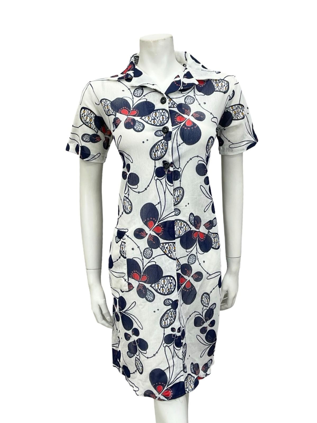 VTG 60S JAPANESE WHITE RED NAVY BLUE PSYCHEDELIC SHIRT SHIFT DRESS 12
