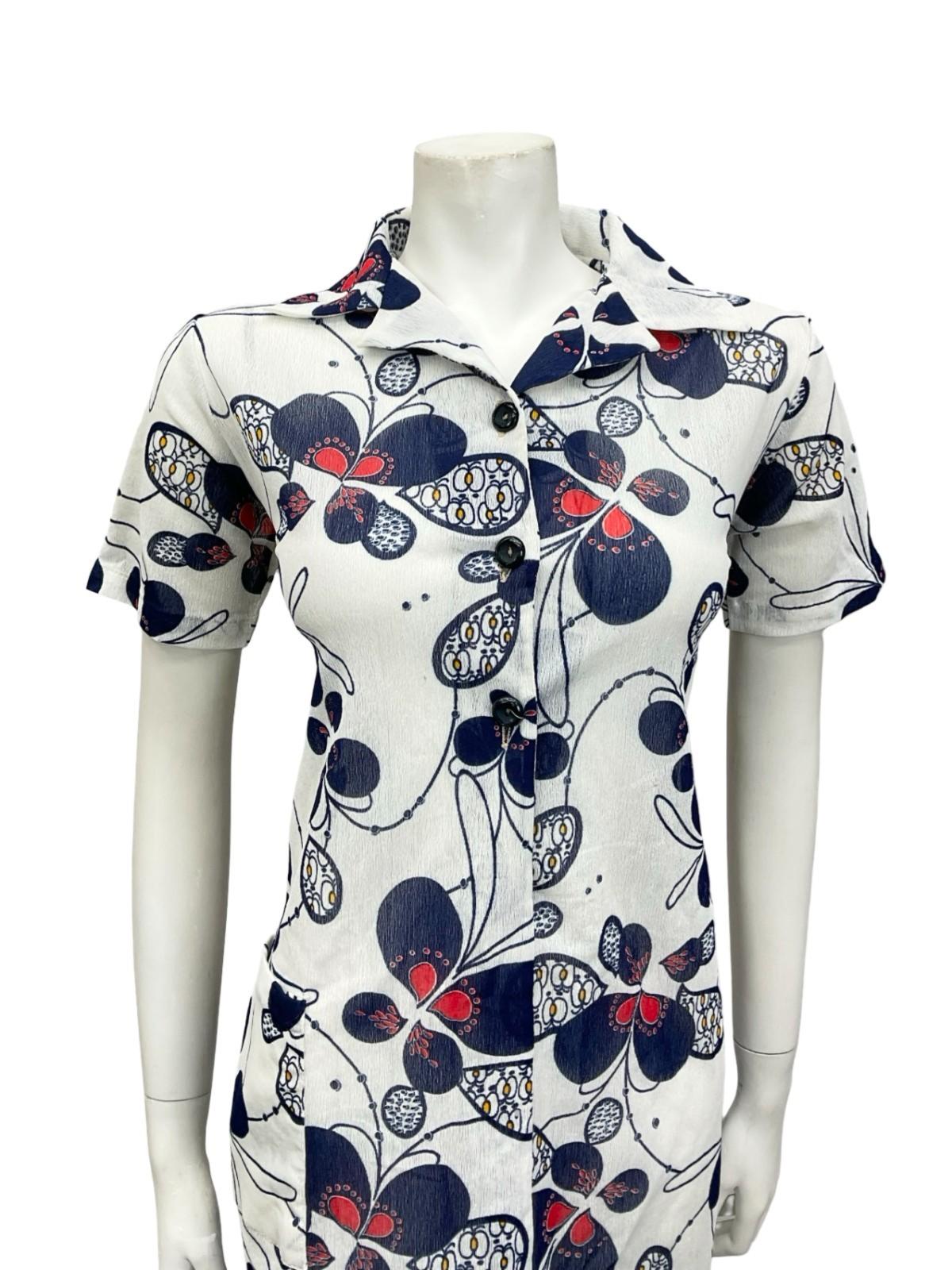 VTG 60S JAPANESE WHITE RED NAVY BLUE PSYCHEDELIC SHIRT SHIFT DRESS 12