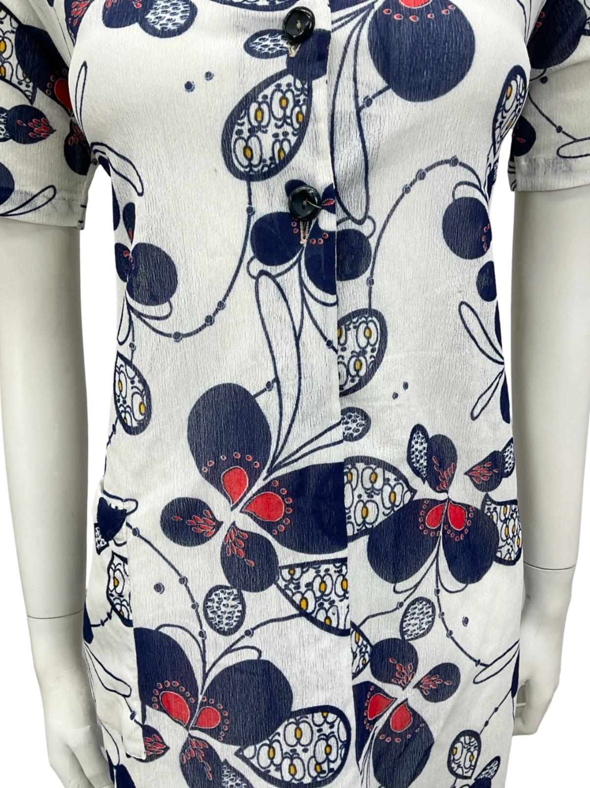 VTG 60S JAPANESE WHITE RED NAVY BLUE PSYCHEDELIC SHIRT SHIFT DRESS 12