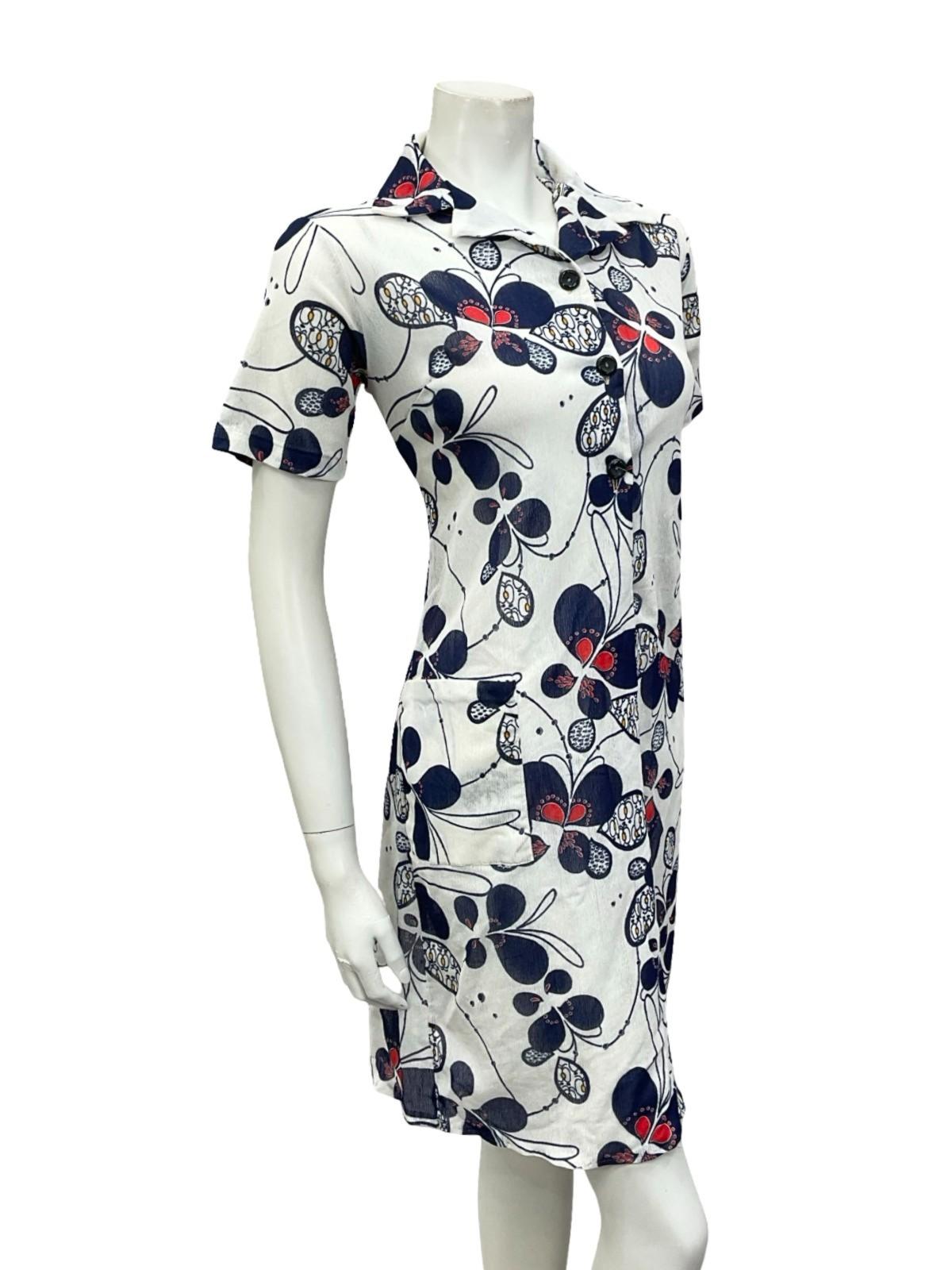VTG 60S JAPANESE WHITE RED NAVY BLUE PSYCHEDELIC SHIRT SHIFT DRESS 12