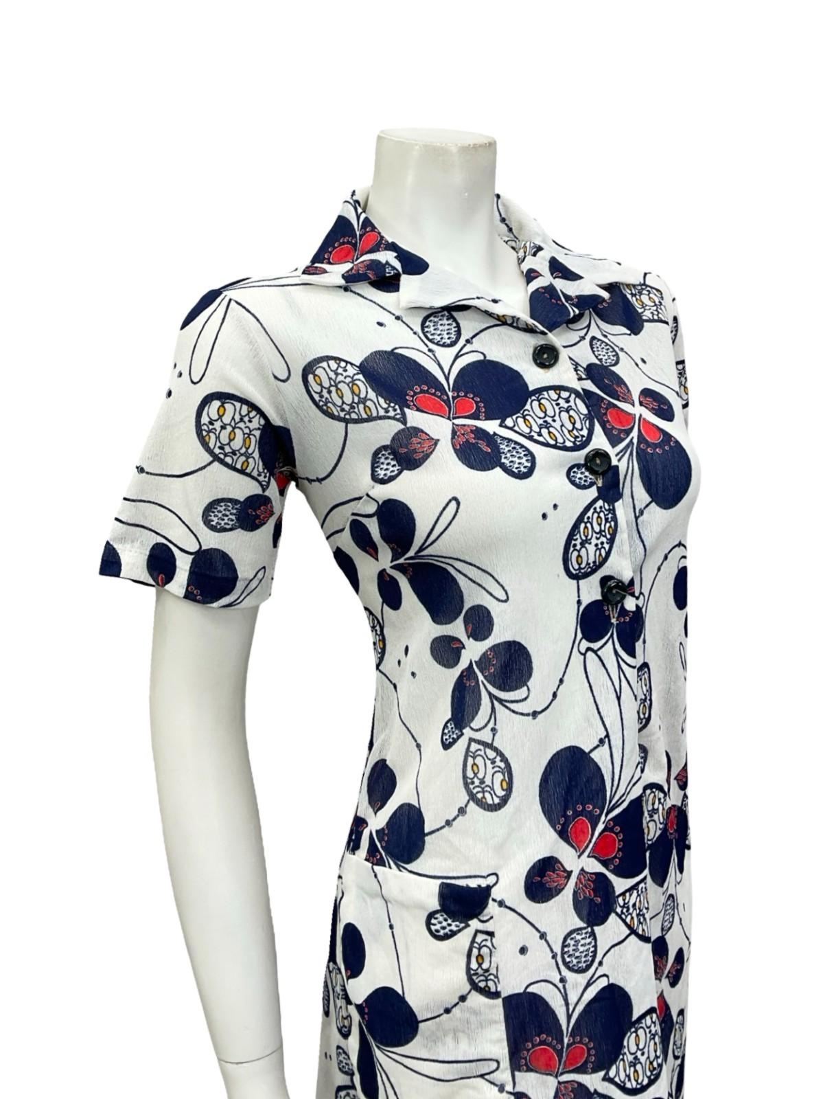 VTG 60S JAPANESE WHITE RED NAVY BLUE PSYCHEDELIC SHIRT SHIFT DRESS 12