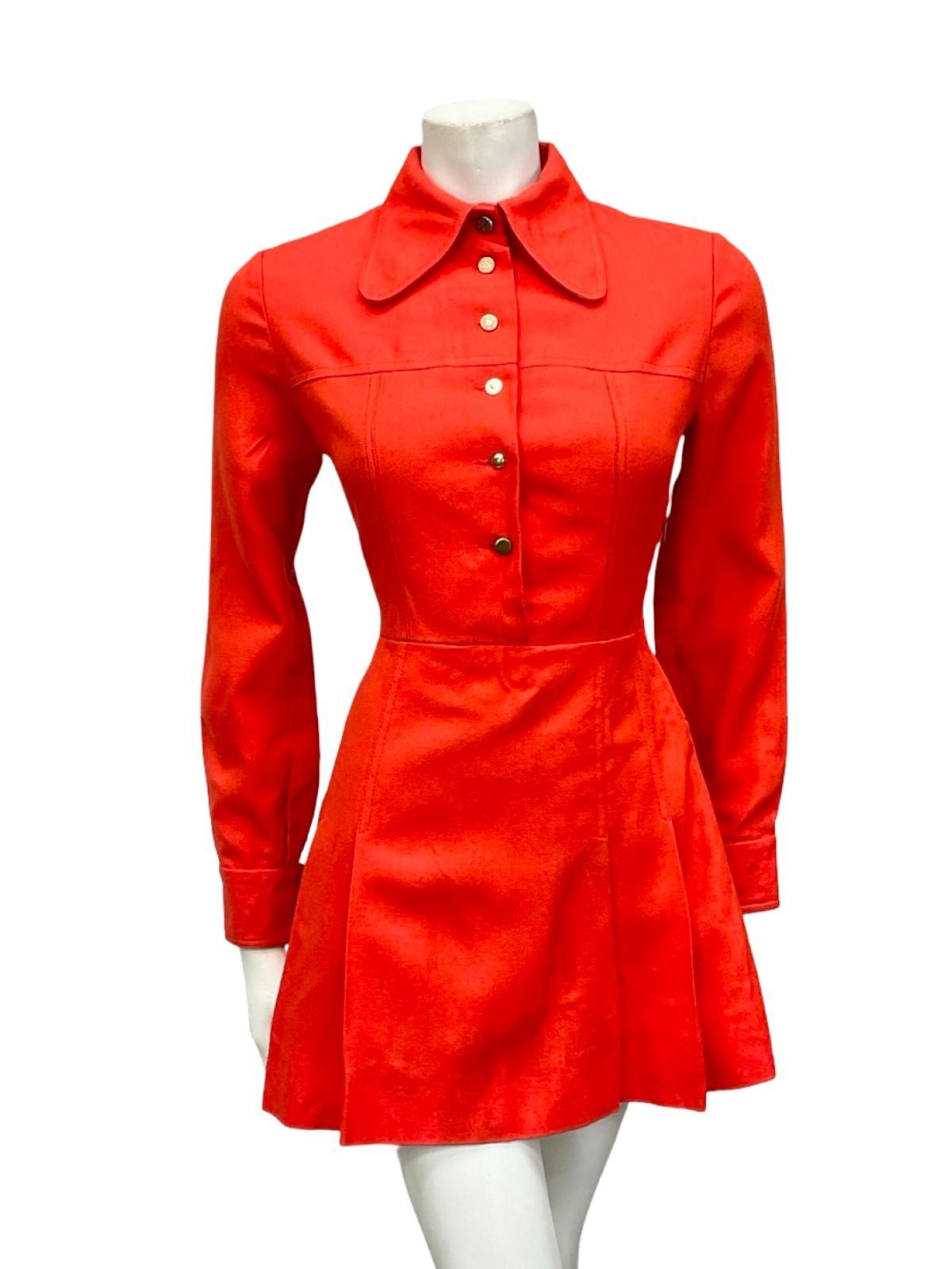 VTG 60S MOD MONOCHROME BRIGHT RED DOG EAR COLLAR PLEATED MINI SHIRT DRESS XS 6