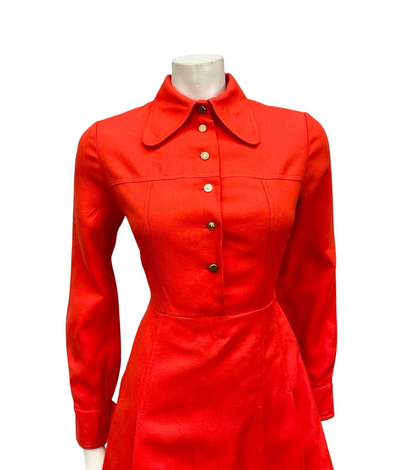 VTG 60S MOD MONOCHROME BRIGHT RED DOG EAR COLLAR PLEATED MINI SHIRT DRESS XS 6