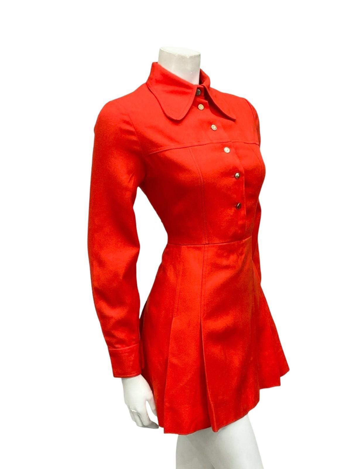 VTG 60S MOD MONOCHROME BRIGHT RED DOG EAR COLLAR PLEATED MINI SHIRT DRESS XS 6