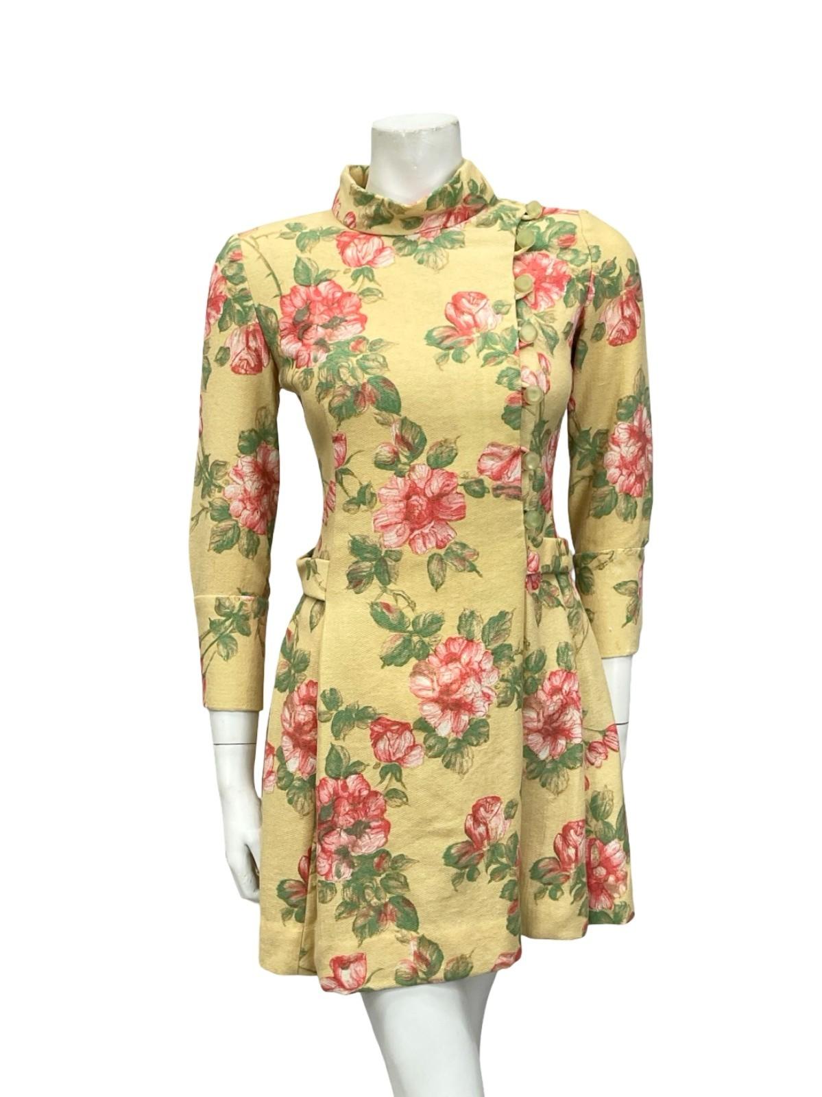 VTG 60S MOD GOGO BEIGE PINK GREEN ROSE FLORAL FUNNEL PLEATED SHIFT DRESS 8