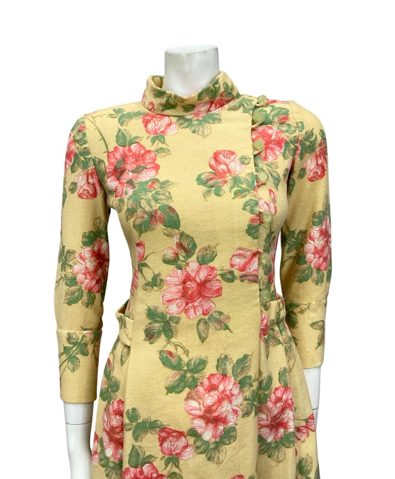 VTG 60S MOD GOGO BEIGE PINK GREEN ROSE FLORAL FUNNEL PLEATED SHIFT DRESS 8