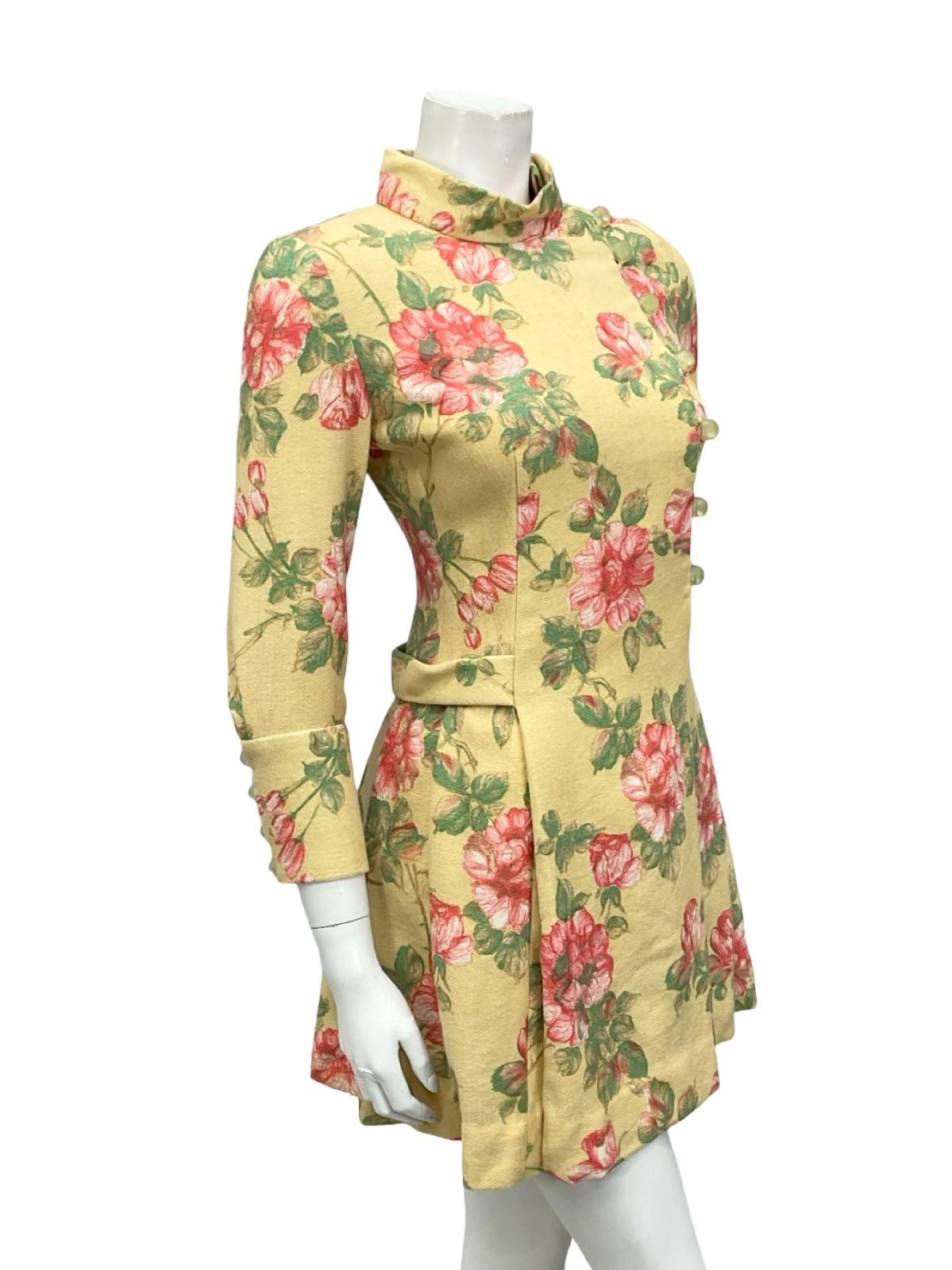 VTG 60S MOD GOGO BEIGE PINK GREEN ROSE FLORAL FUNNEL PLEATED SHIFT DRESS 8