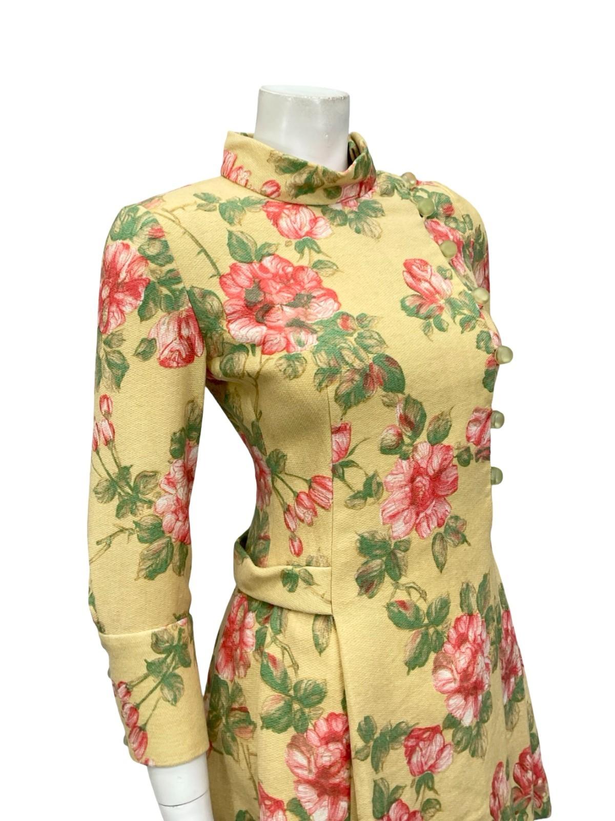 VTG 60S MOD GOGO BEIGE PINK GREEN ROSE FLORAL FUNNEL PLEATED SHIFT DRESS 8