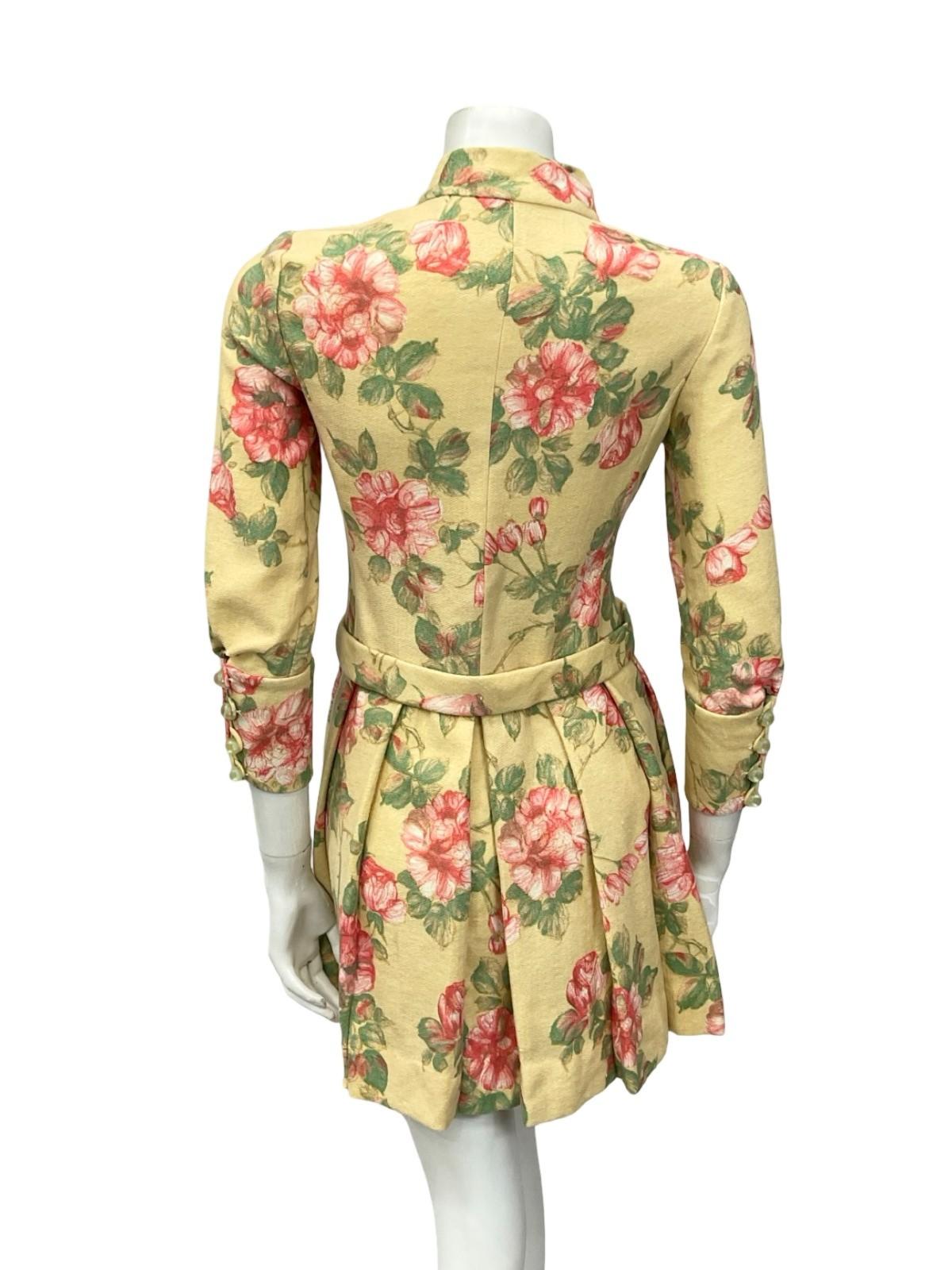 VTG 60S MOD GOGO BEIGE PINK GREEN ROSE FLORAL FUNNEL PLEATED SHIFT DRESS 8