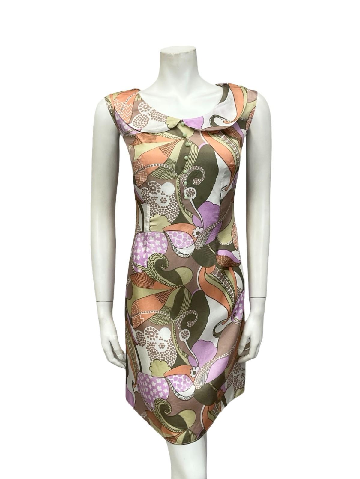 *VTG 60S MOD GREEN PINK WHITE ORANGE PSYCHEDELIC PETER PAN COLLAR SHIFT DRESS 12