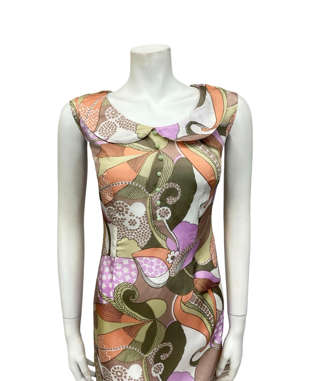 *VTG 60S MOD GREEN PINK WHITE ORANGE PSYCHEDELIC PETER PAN COLLAR SHIFT DRESS 12