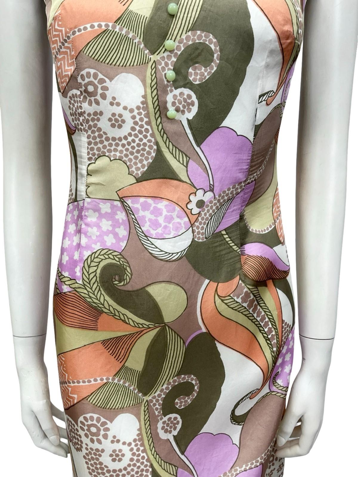 *VTG 60S MOD GREEN PINK WHITE ORANGE PSYCHEDELIC PETER PAN COLLAR SHIFT DRESS 12