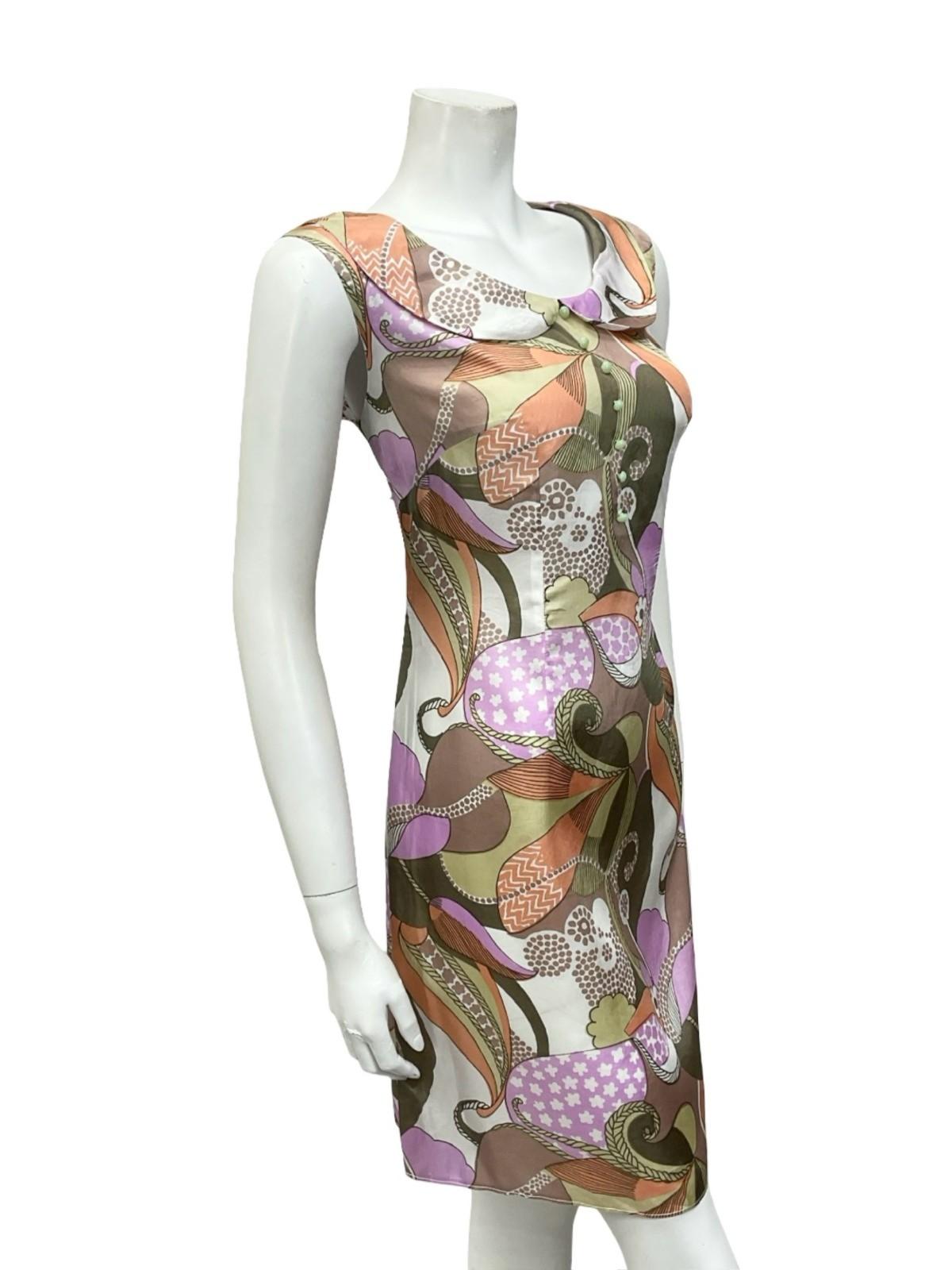 *VTG 60S MOD GREEN PINK WHITE ORANGE PSYCHEDELIC PETER PAN COLLAR SHIFT DRESS 12