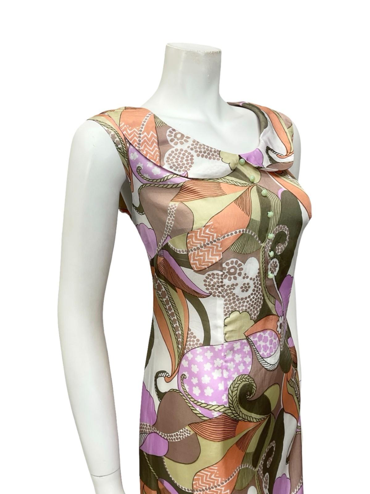 *VTG 60S MOD GREEN PINK WHITE ORANGE PSYCHEDELIC PETER PAN COLLAR SHIFT DRESS 12