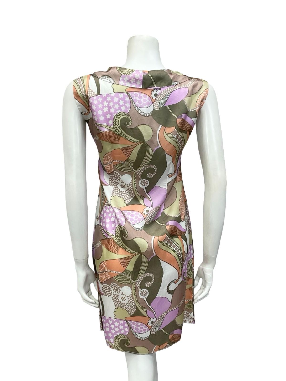 *VTG 60S MOD GREEN PINK WHITE ORANGE PSYCHEDELIC PETER PAN COLLAR SHIFT DRESS 12
