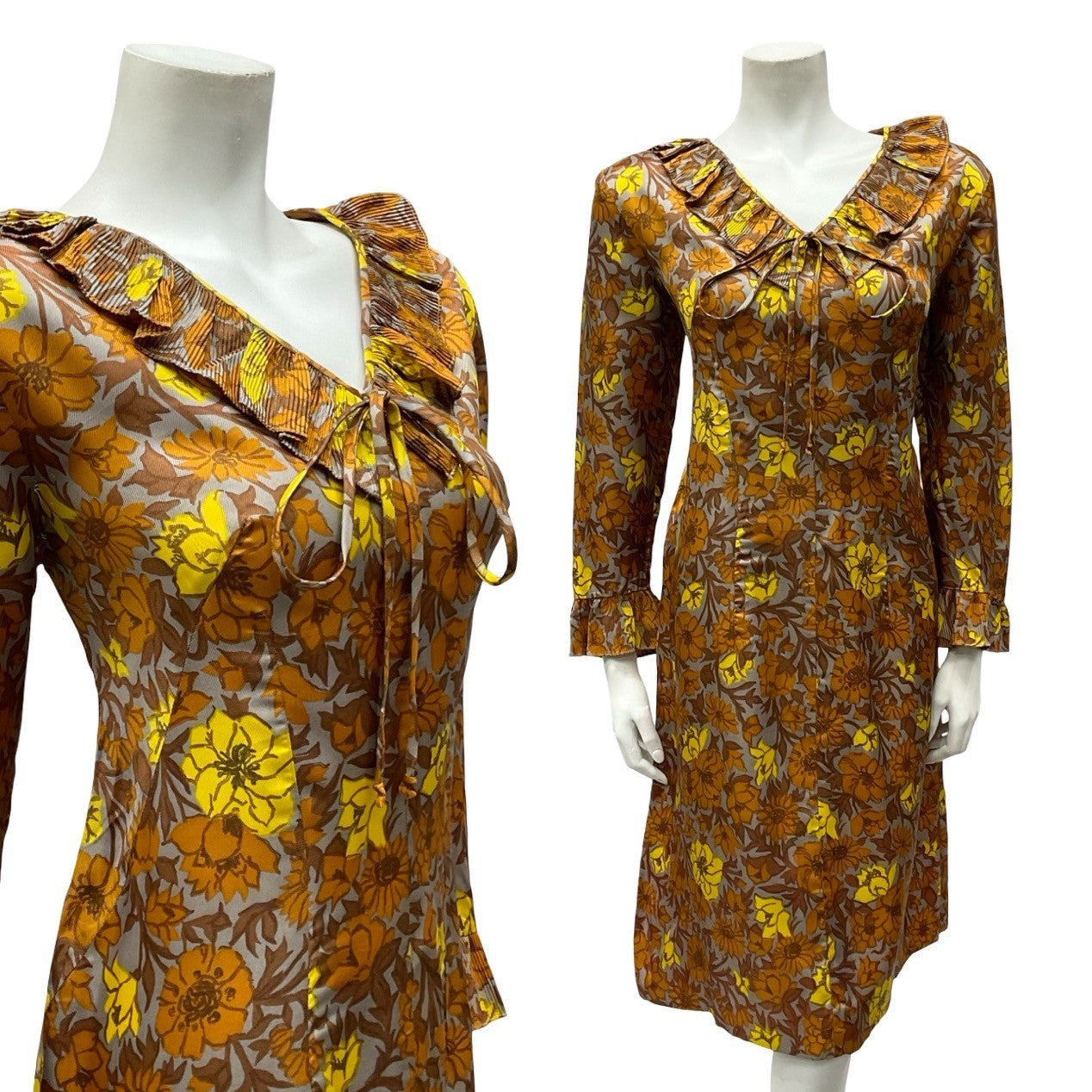 VTG 60S 70S MOD GREY BROWN YELLOW RUFFLE V NECK SHIFT MIDI DRESS 12 14 M