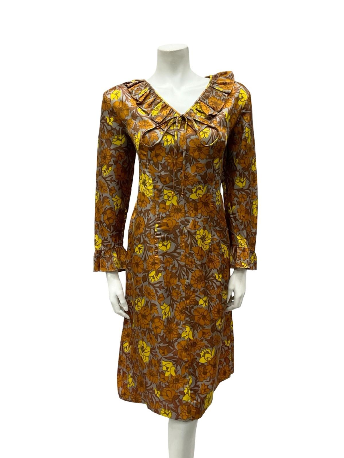 VTG 60S 70S MOD GREY BROWN YELLOW RUFFLE V NECK SHIFT MIDI DRESS 12 14 M