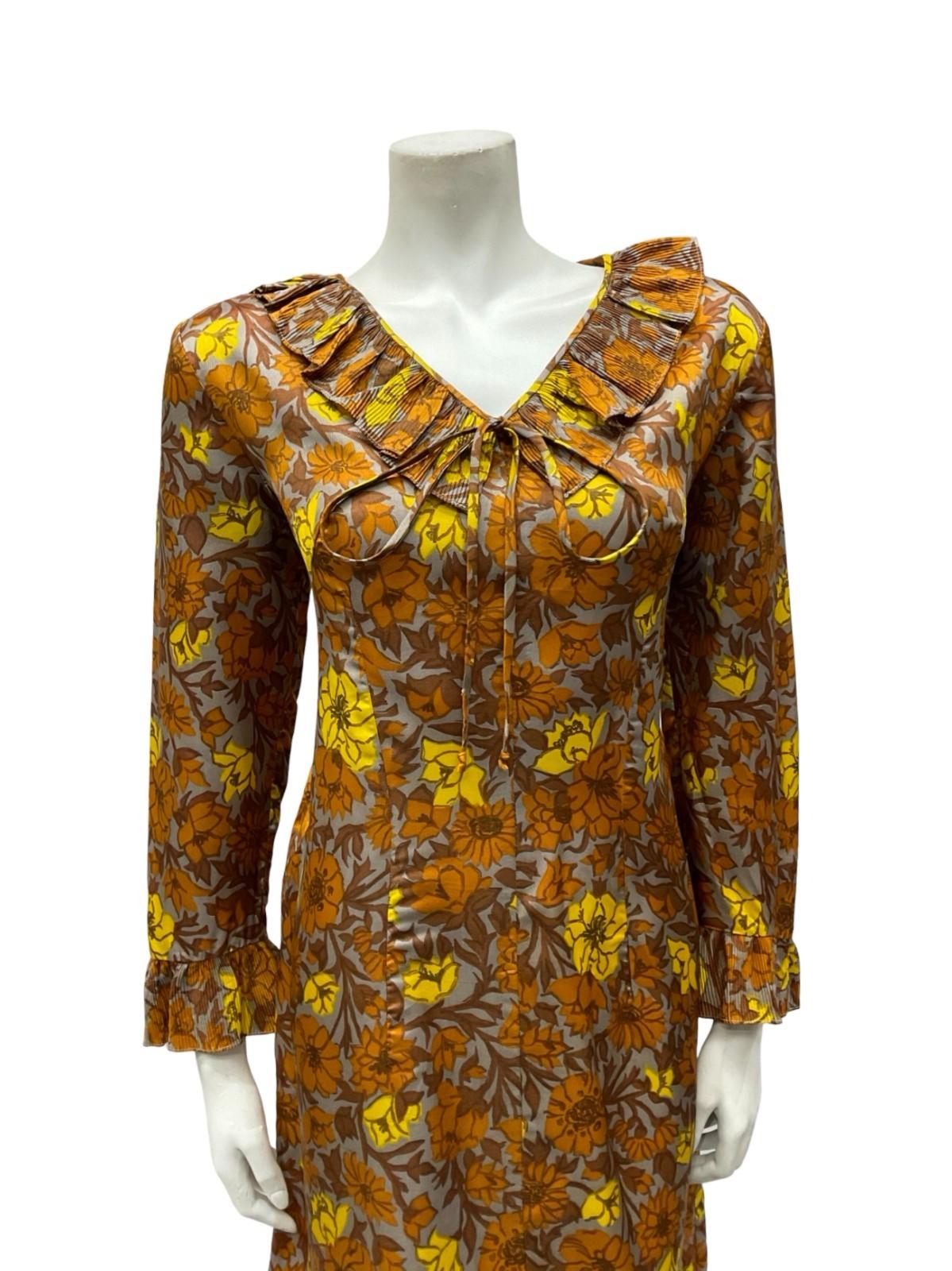 VTG 60S 70S MOD GREY BROWN YELLOW RUFFLE V NECK SHIFT MIDI DRESS 12 14 M