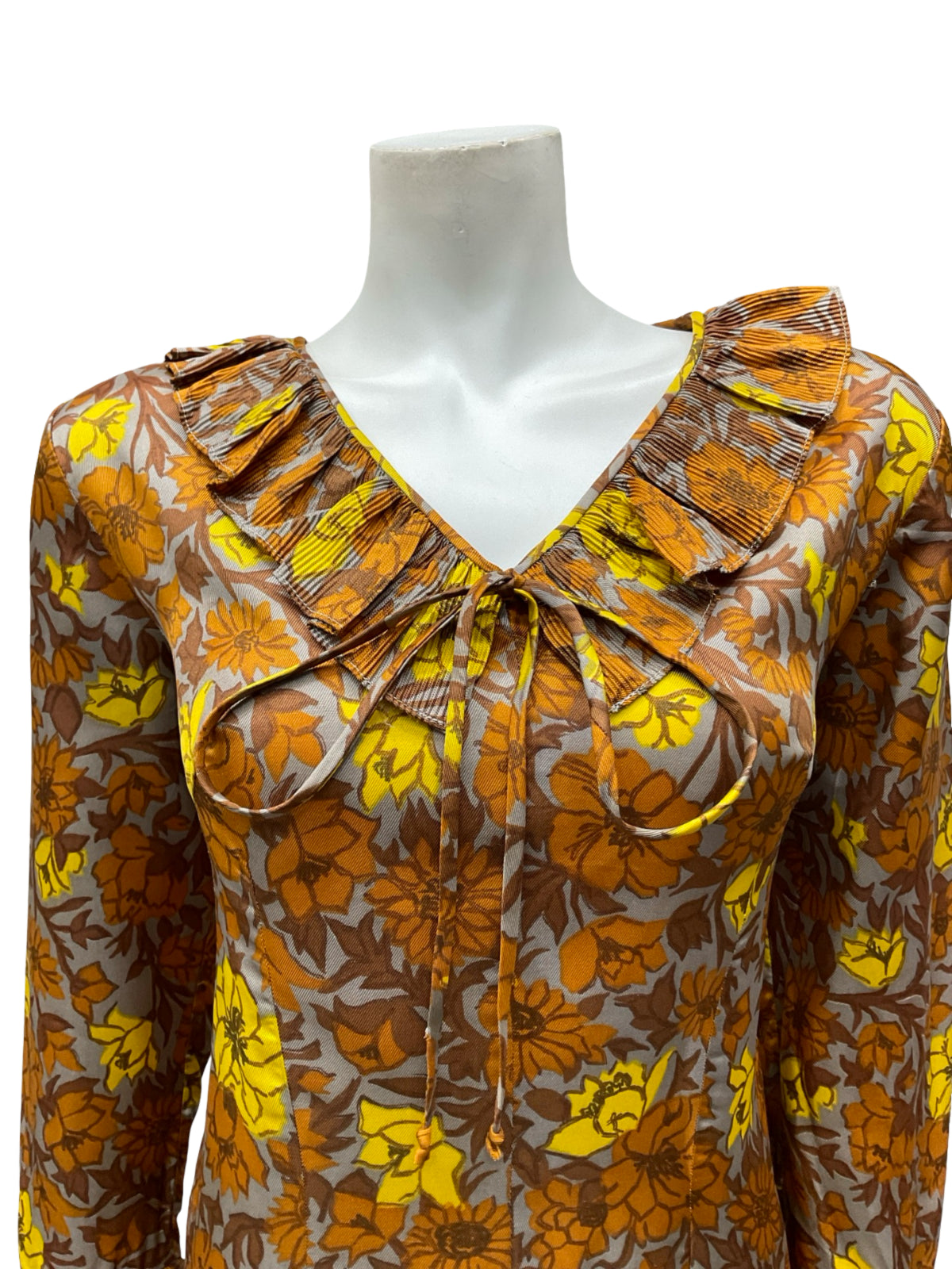 VTG 60S 70S MOD GREY BROWN YELLOW RUFFLE V NECK SHIFT MIDI DRESS 12 14 M