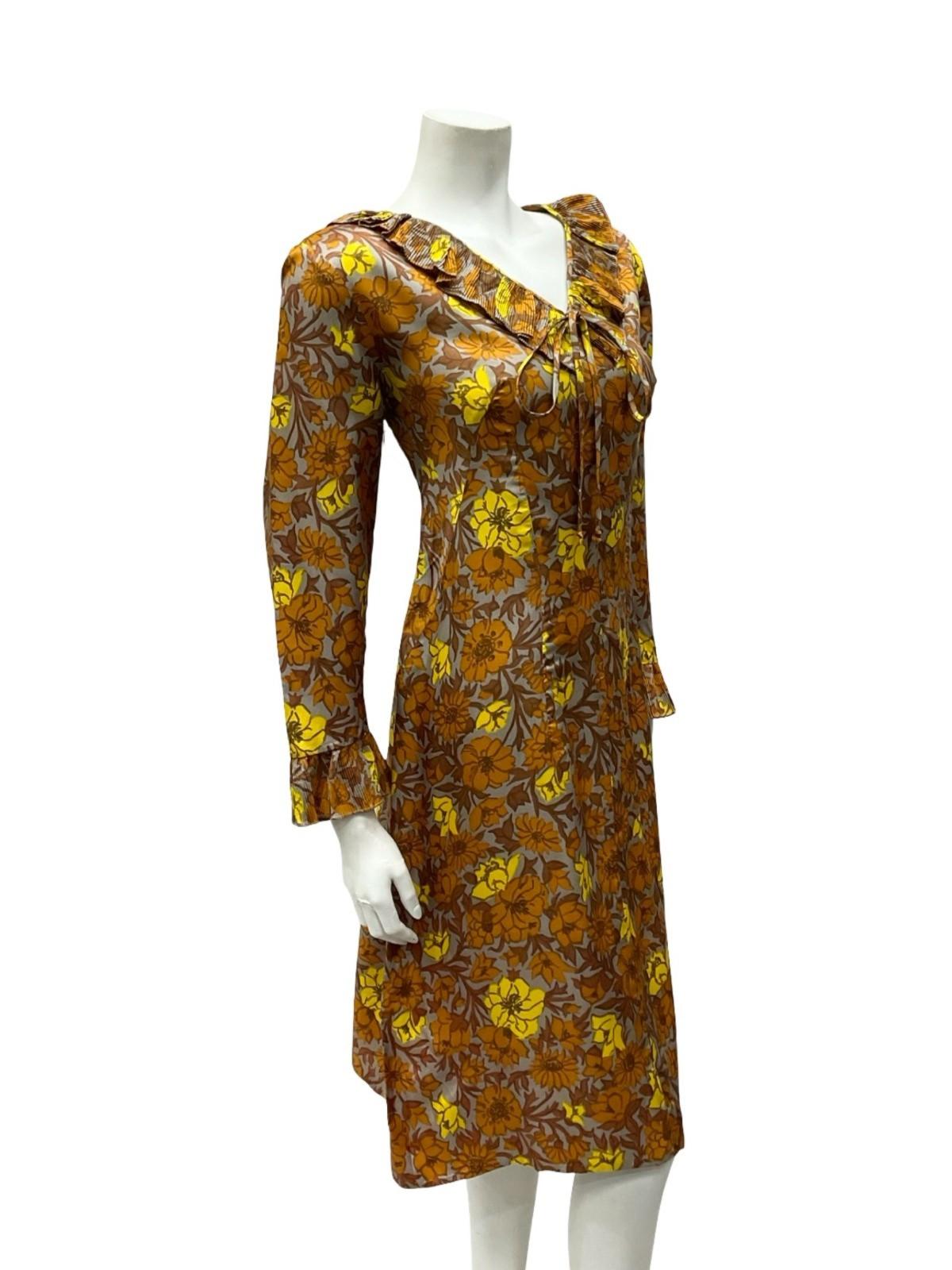 VTG 60S 70S MOD GREY BROWN YELLOW RUFFLE V NECK SHIFT MIDI DRESS 12 14 M