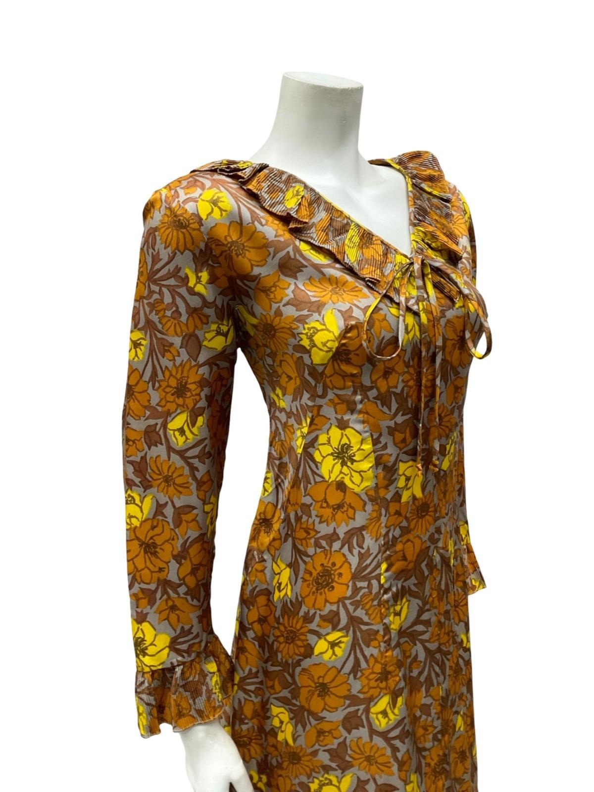 VTG 60S 70S MOD GREY BROWN YELLOW RUFFLE V NECK SHIFT MIDI DRESS 12 14 M