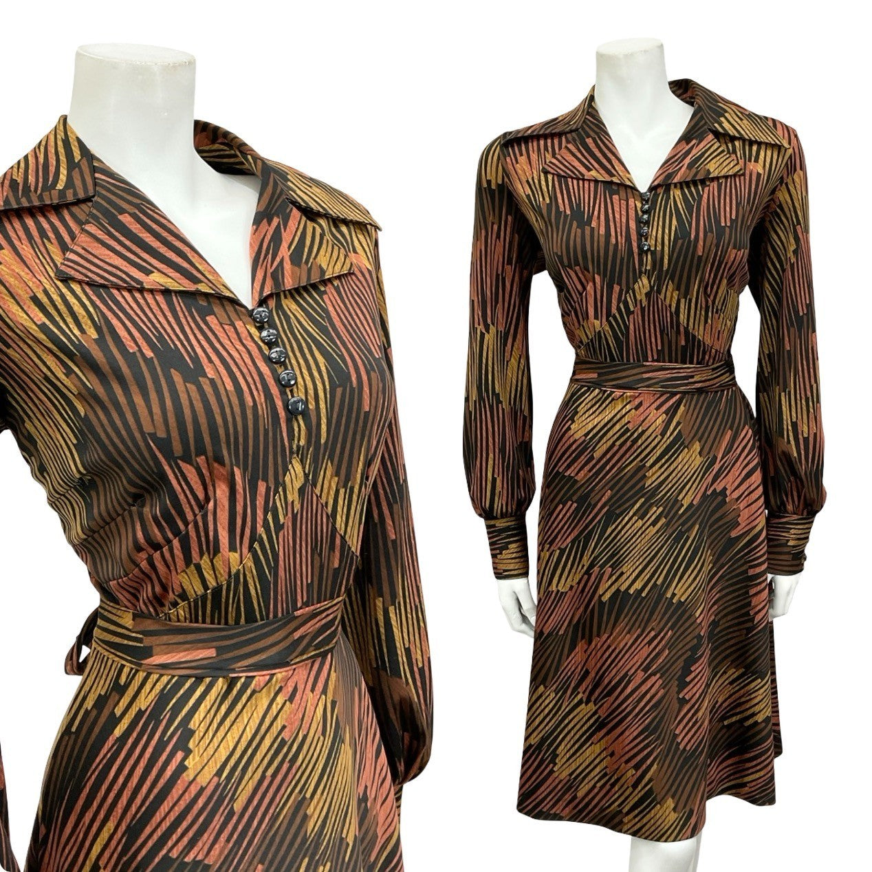 VTG 70S BLACK BROWN BEIGE GEOMETRIC STRIPED DAGGER NOTCH LAPEL SHIRT DRESS 14