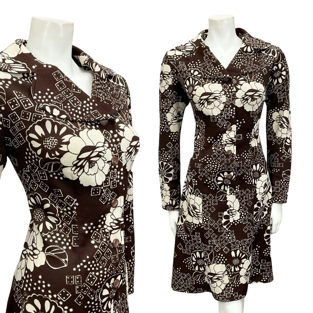 VTG 60S 70S BROWN WHITE FLORAL ROUNDED NOTCH LAPEL COLLAR SHIRT DRESS 10