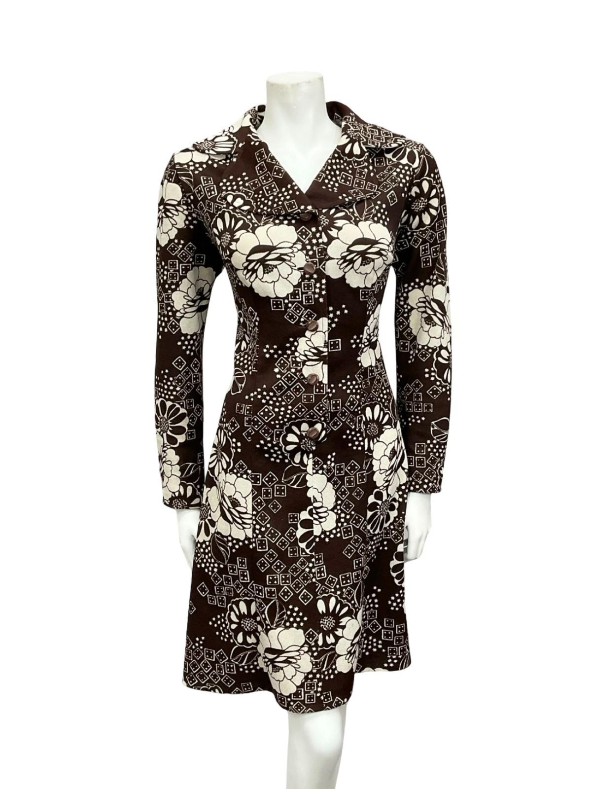 VTG 60S 70S BROWN WHITE FLORAL ROUNDED NOTCH LAPEL COLLAR SHIRT DRESS 10