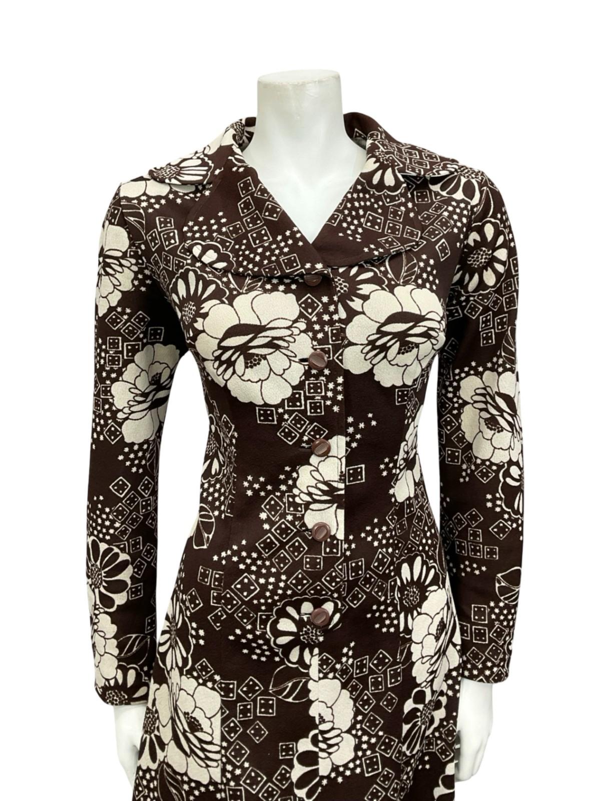VTG 60S 70S BROWN WHITE FLORAL ROUNDED NOTCH LAPEL COLLAR SHIRT DRESS 10