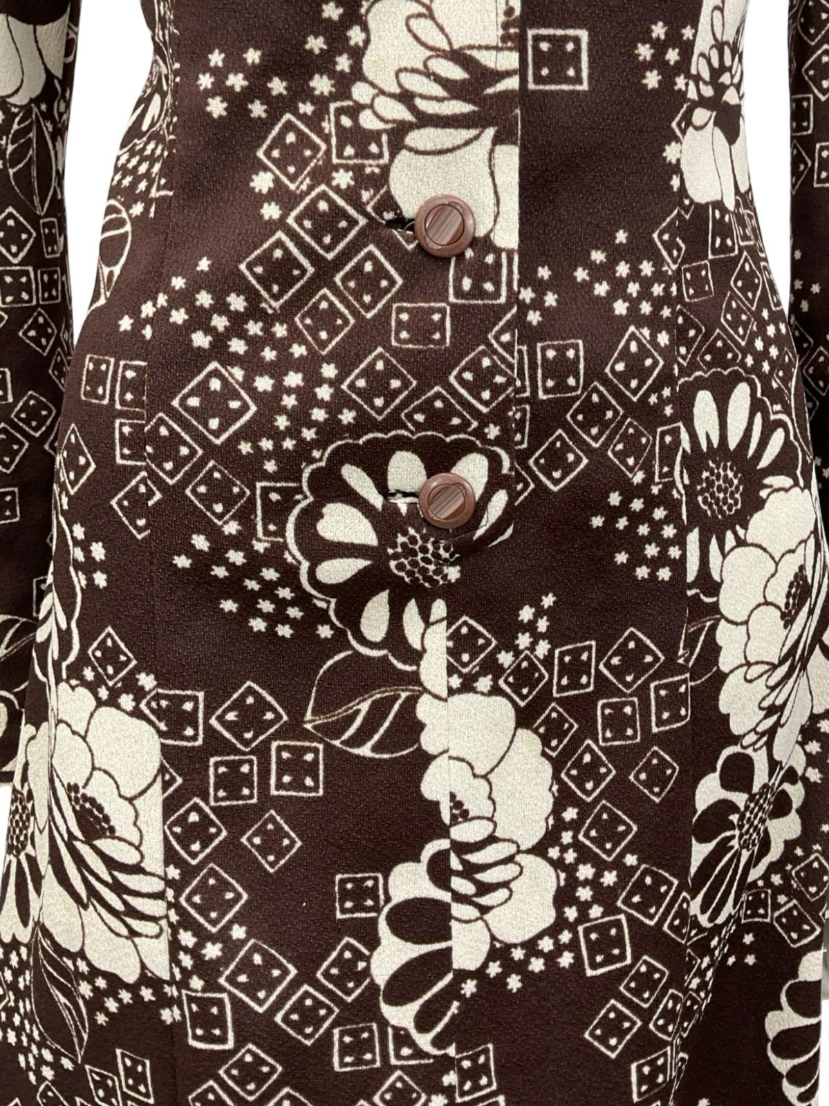 VTG 60S 70S BROWN WHITE FLORAL ROUNDED NOTCH LAPEL COLLAR SHIRT DRESS 10