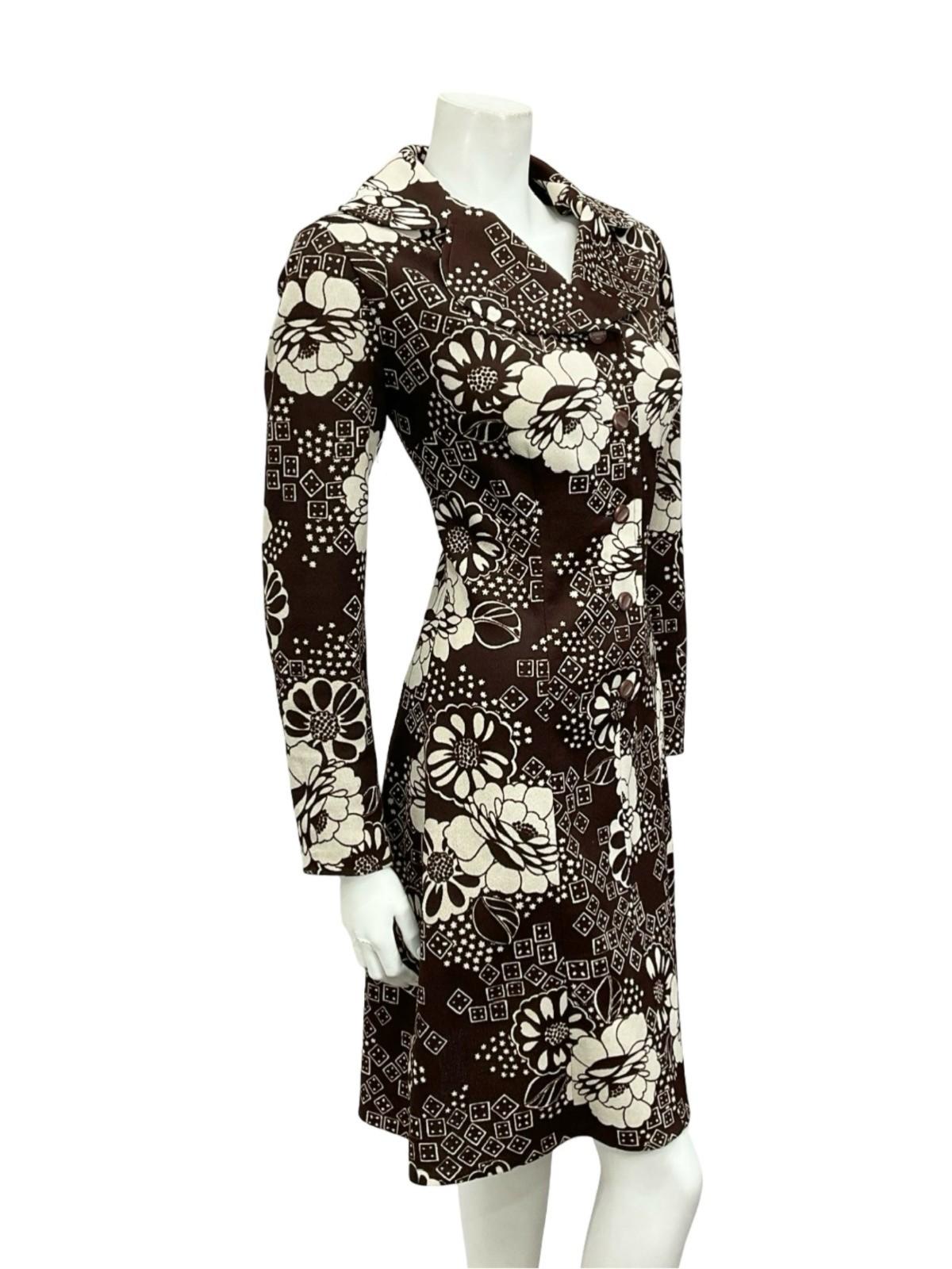 VTG 60S 70S BROWN WHITE FLORAL ROUNDED NOTCH LAPEL COLLAR SHIRT DRESS 10