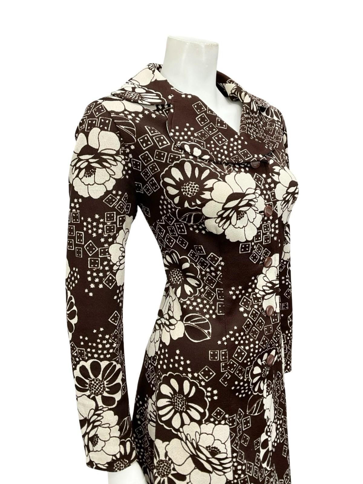 VTG 60S 70S BROWN WHITE FLORAL ROUNDED NOTCH LAPEL COLLAR SHIRT DRESS 10