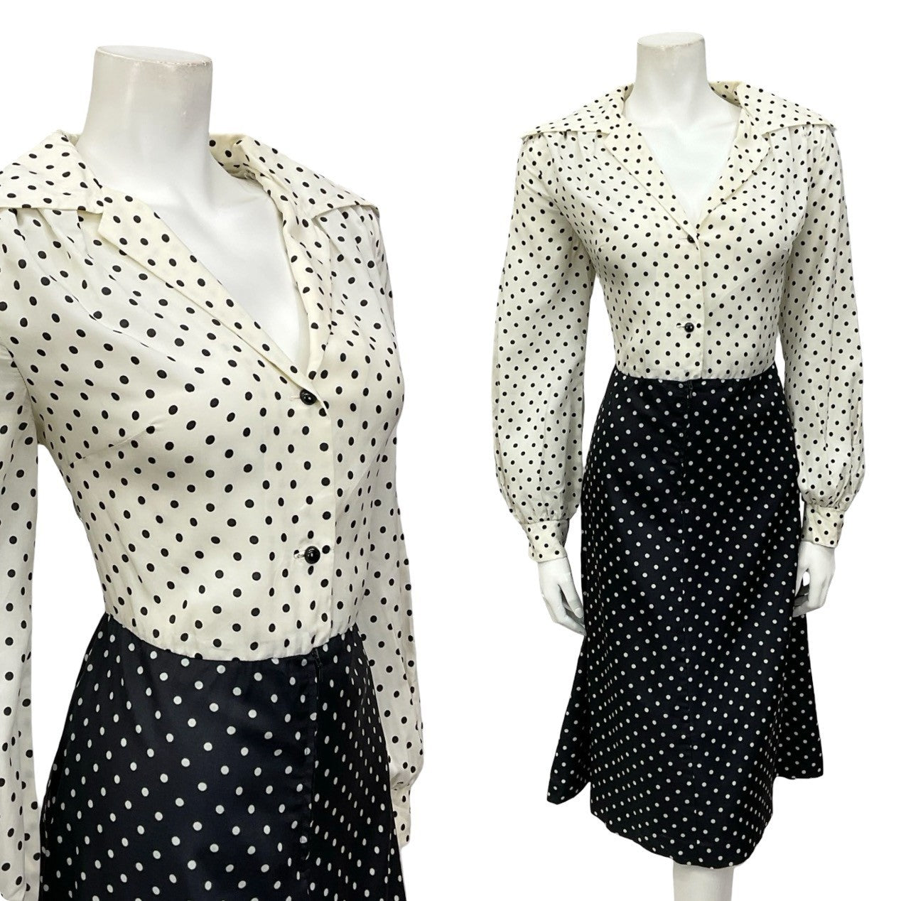 VTG 70S BLACK WHITE TWO TONE POLKA DOT OPEN WING COLLAR SHIRT DRESS 12 14 M