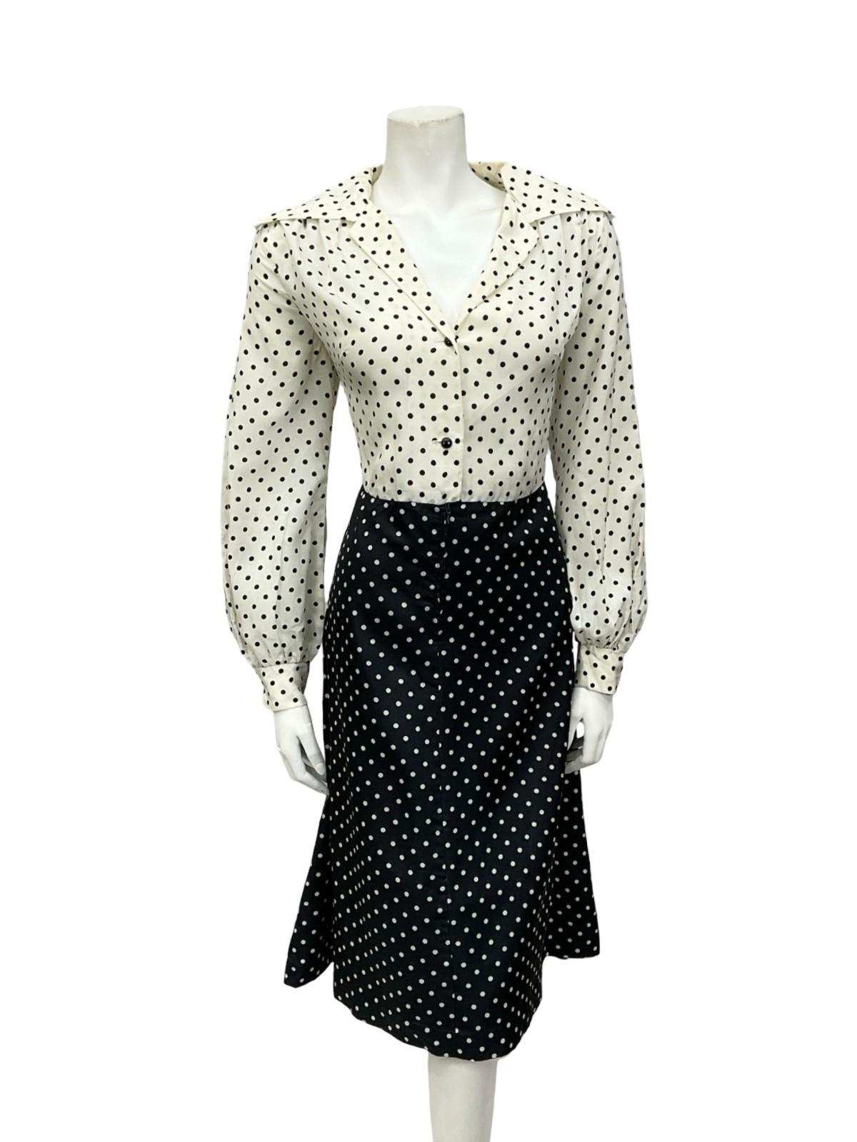 VTG 70S BLACK WHITE TWO TONE POLKA DOT OPEN WING COLLAR SHIRT DRESS 12 14 M