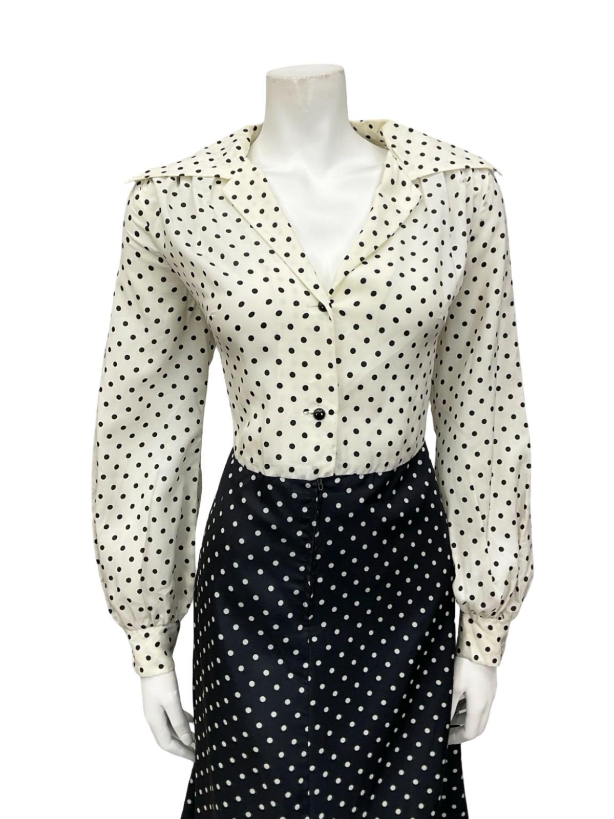 VTG 70S BLACK WHITE TWO TONE POLKA DOT OPEN WING COLLAR SHIRT DRESS 12 14 M