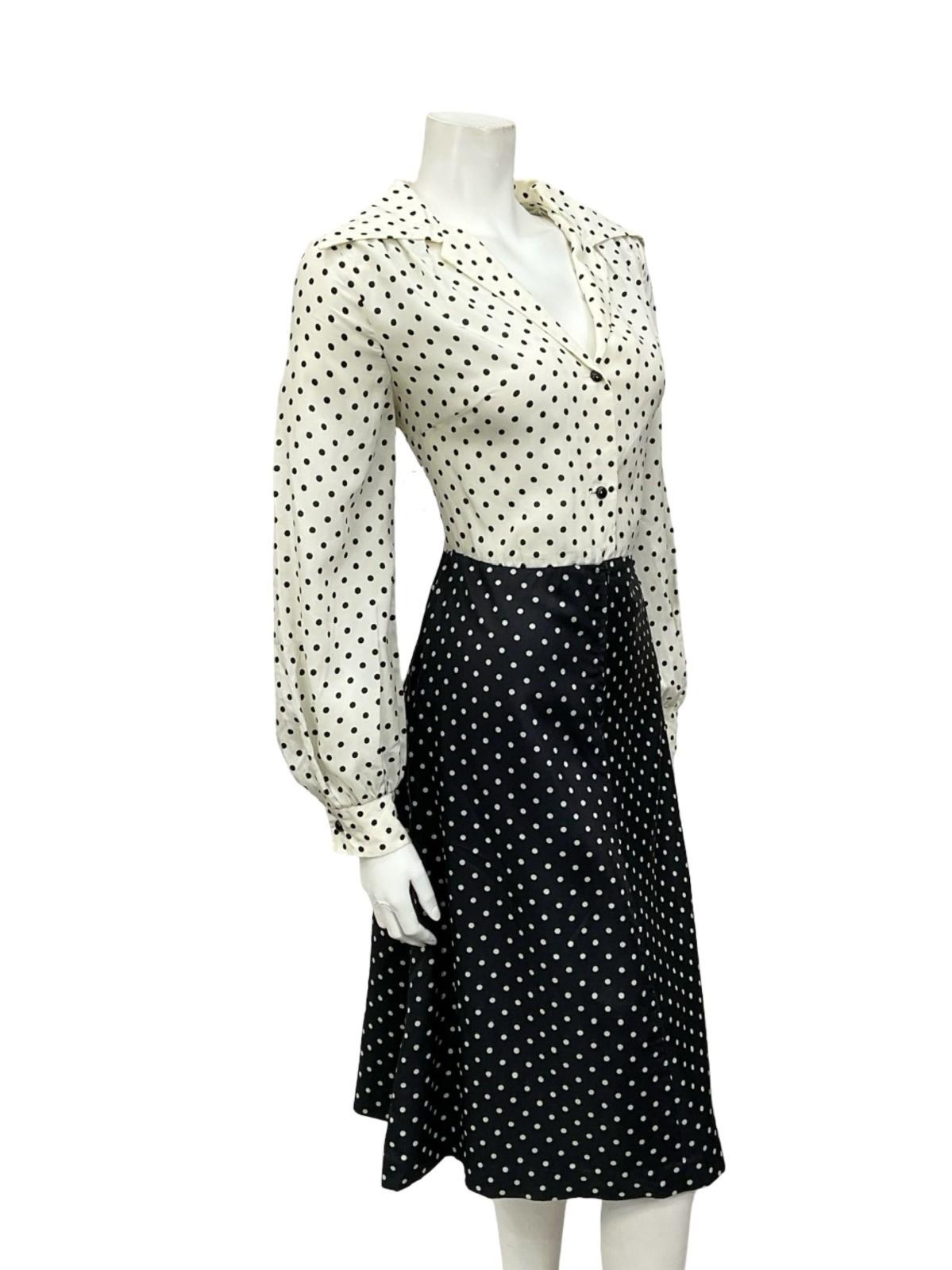 VTG 70S BLACK WHITE TWO TONE POLKA DOT OPEN WING COLLAR SHIRT DRESS 12 14 M