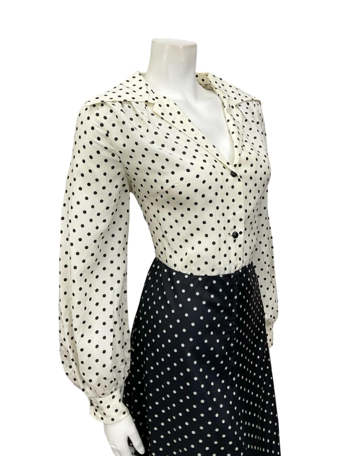 VTG 70S BLACK WHITE TWO TONE POLKA DOT OPEN WING COLLAR SHIRT DRESS 12 14 M