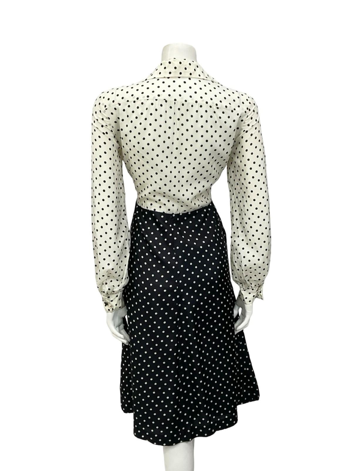 VTG 70S BLACK WHITE TWO TONE POLKA DOT OPEN WING COLLAR SHIRT DRESS 12 14 M