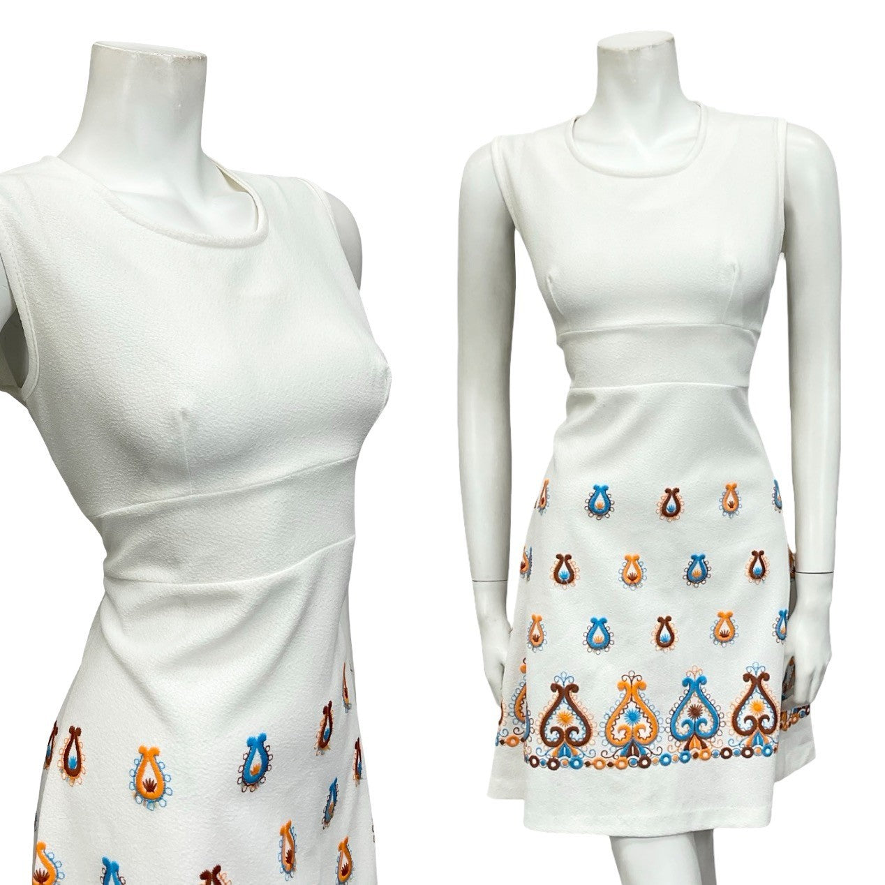 VTG 60S MOD GOGO FOLK WHITE ORANGE BROWN BLUE EMBROIDERED MINI DRESS 10