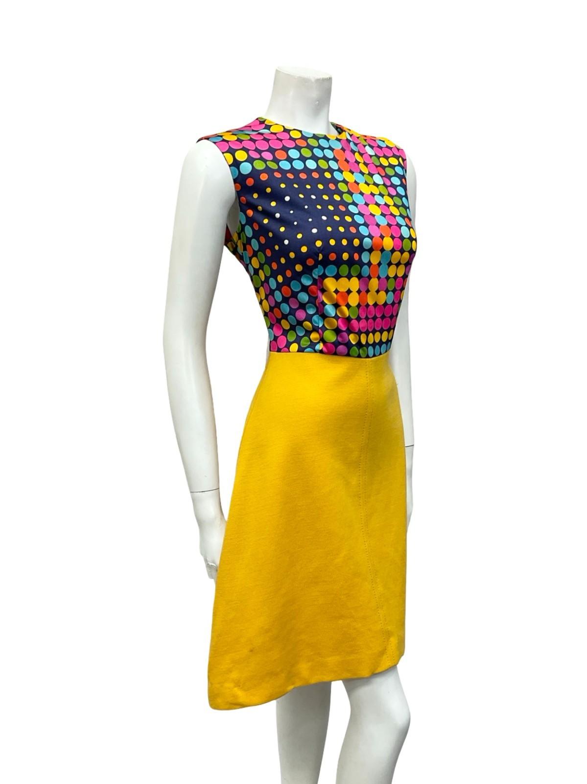 VTG 60S 70S YELLOW BLUE PINK GREEN DOTTY A LINE GEOMETRIC MIDI DRESS 10