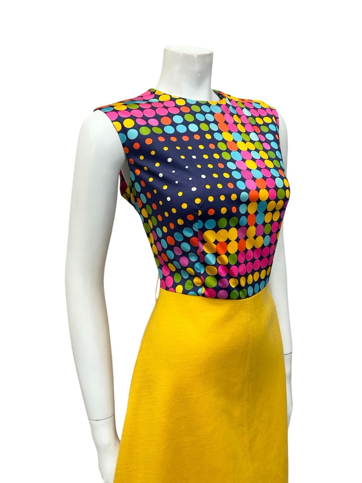 VTG 60S 70S YELLOW BLUE PINK GREEN DOTTY A LINE GEOMETRIC MIDI DRESS 10