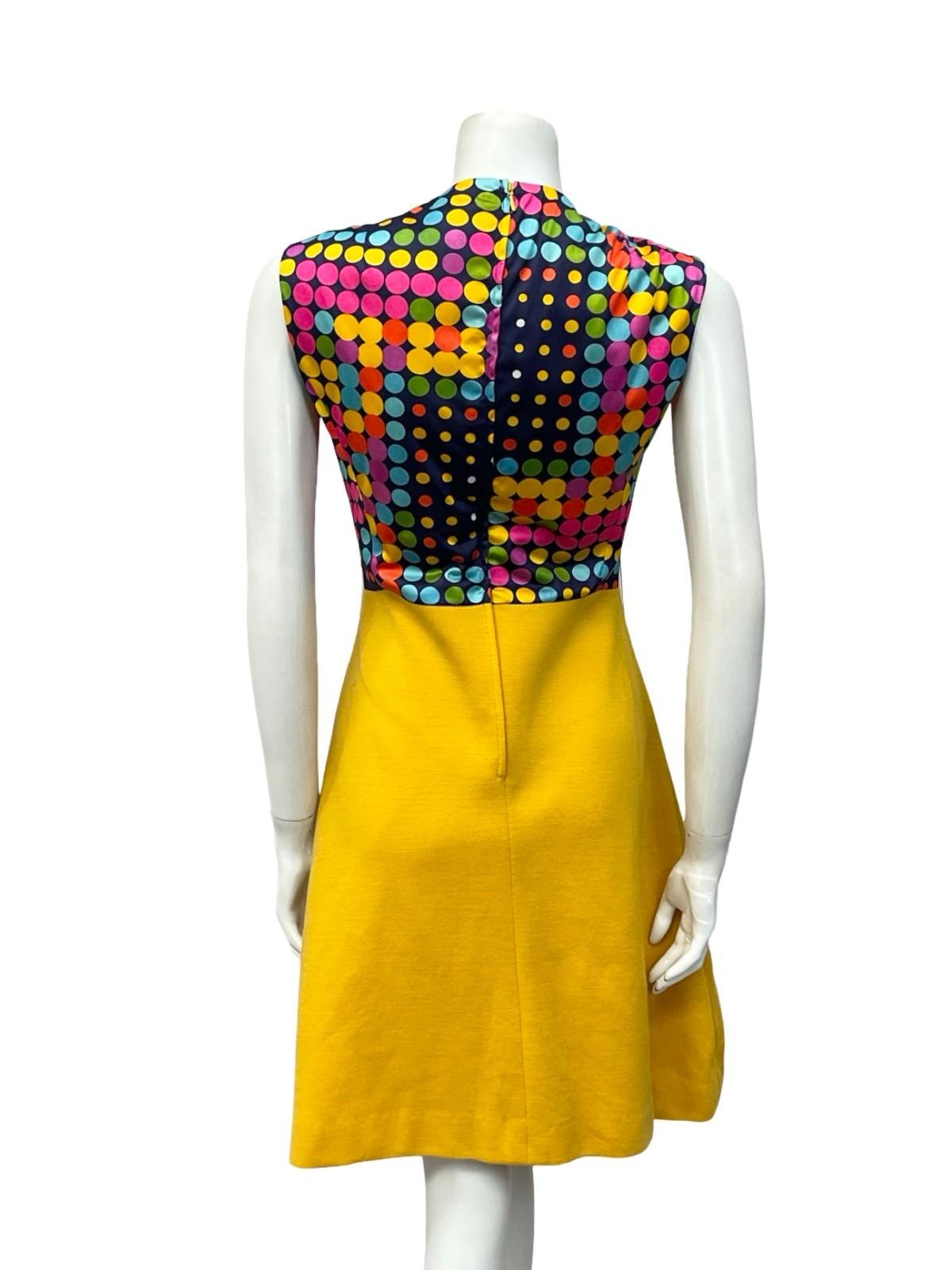 VTG 60S 70S YELLOW BLUE PINK GREEN DOTTY A LINE GEOMETRIC MIDI DRESS 10