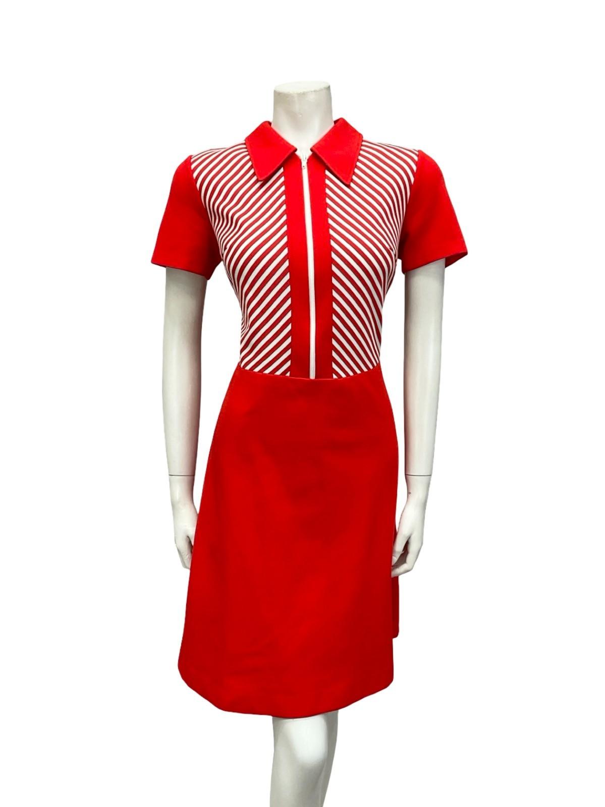 VTG 60S MOD GEOMETRIC RED WHITE STRIPED DAGGER ZIP UP A LINE SHIRT DRESS 10