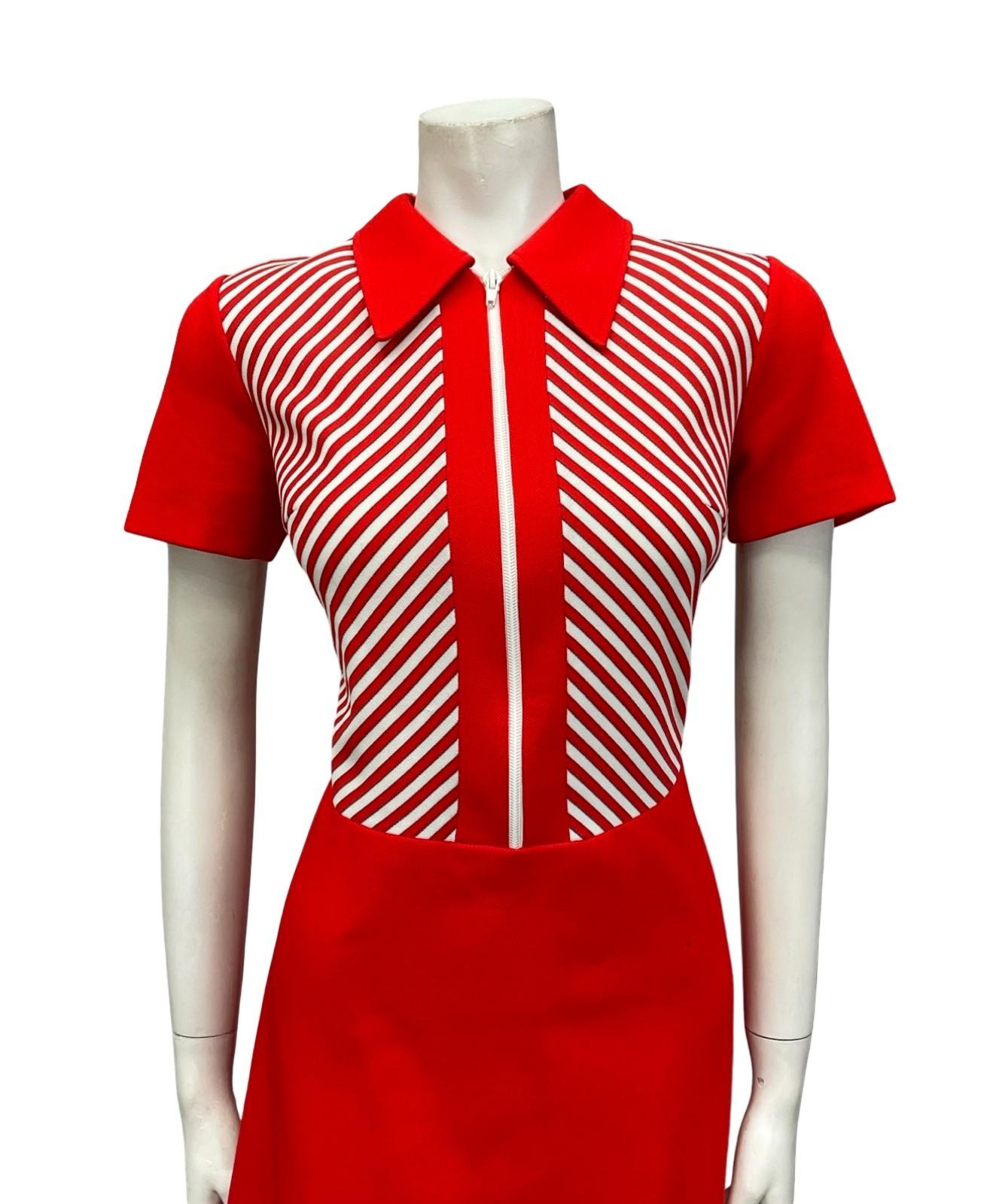 VTG 60S MOD GEOMETRIC RED WHITE STRIPED DAGGER ZIP UP A LINE SHIRT DRESS 10