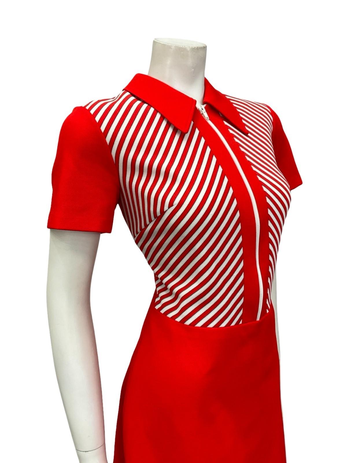 VTG 60S MOD GEOMETRIC RED WHITE STRIPED DAGGER ZIP UP A LINE SHIRT DRESS 10